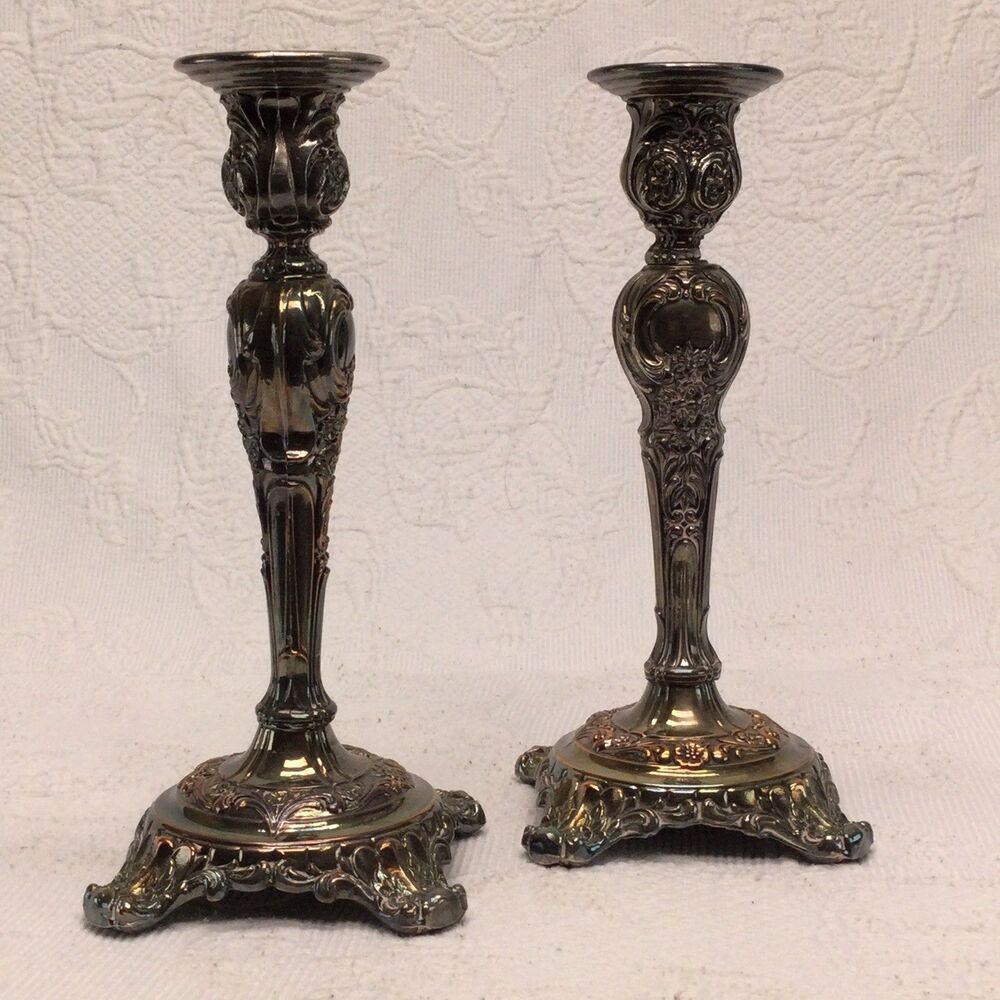 Victorian Rose Baroque Revival Dark Ornate Candle Set Rococo WM Rogers & Son